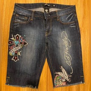 Ed Hardy Christian Audigier Y2K Bermuda Jean Shorts Rhinestone Graphic Size 30